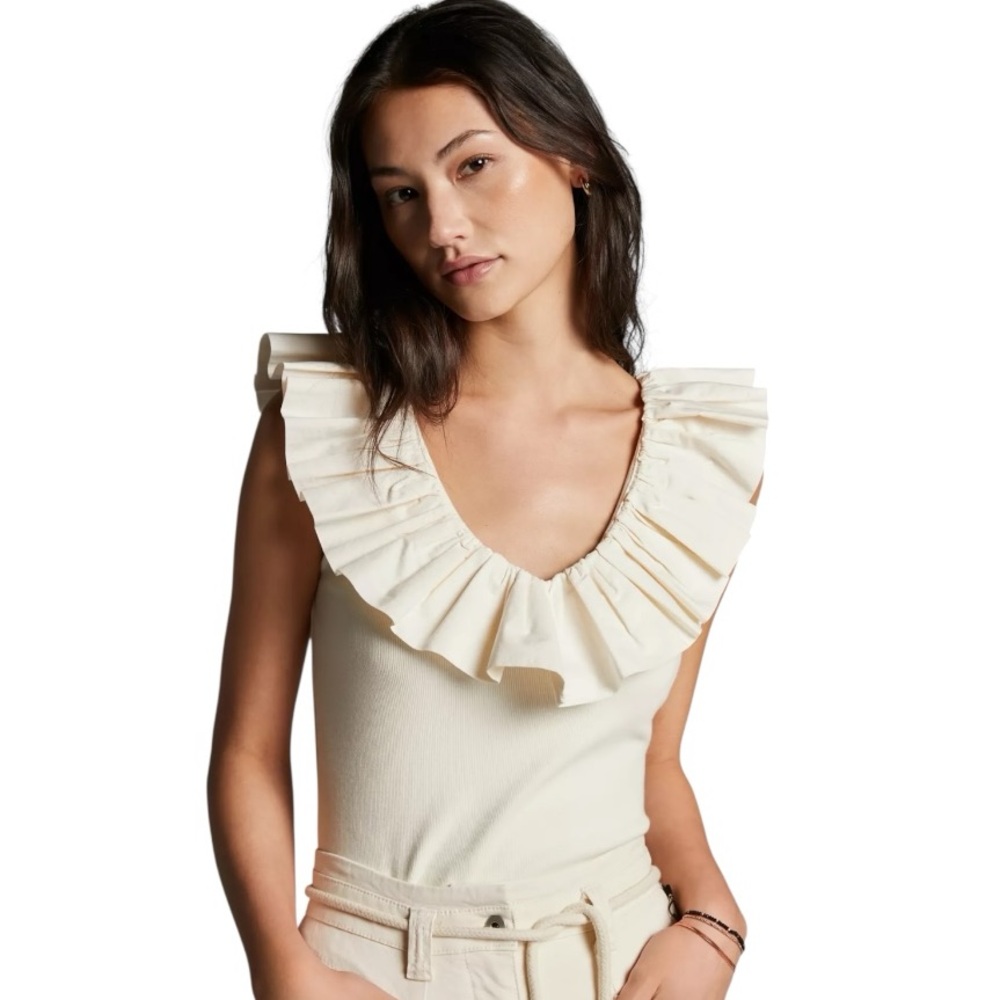 ANTHROPOLOGIE MAEVE TINA RUFFLED TANK CREAM V NECK RUFFLED TRIM BLOUSE MEDIUM - Picture 11 of 11